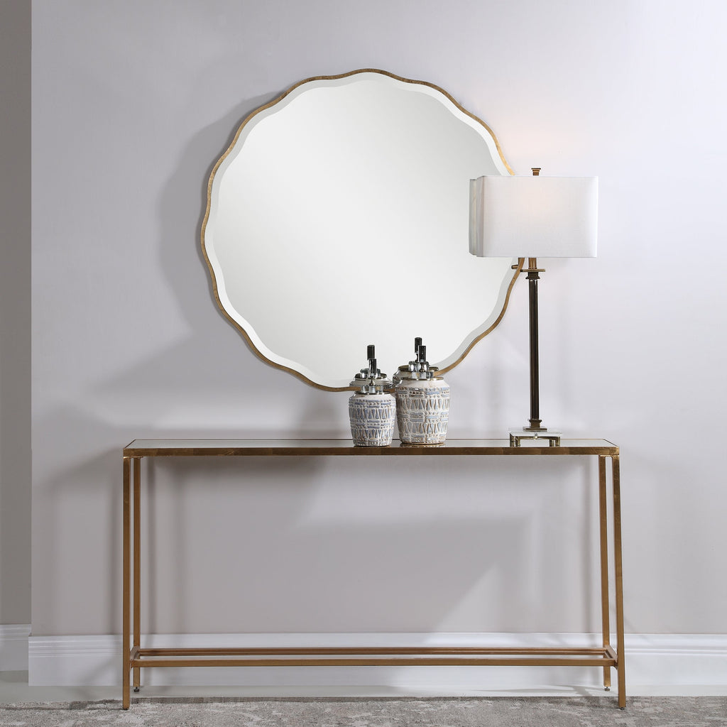 Scalloped Round Mirror – Aged Gold Wood Frame, 1¼" Bevel, 42"