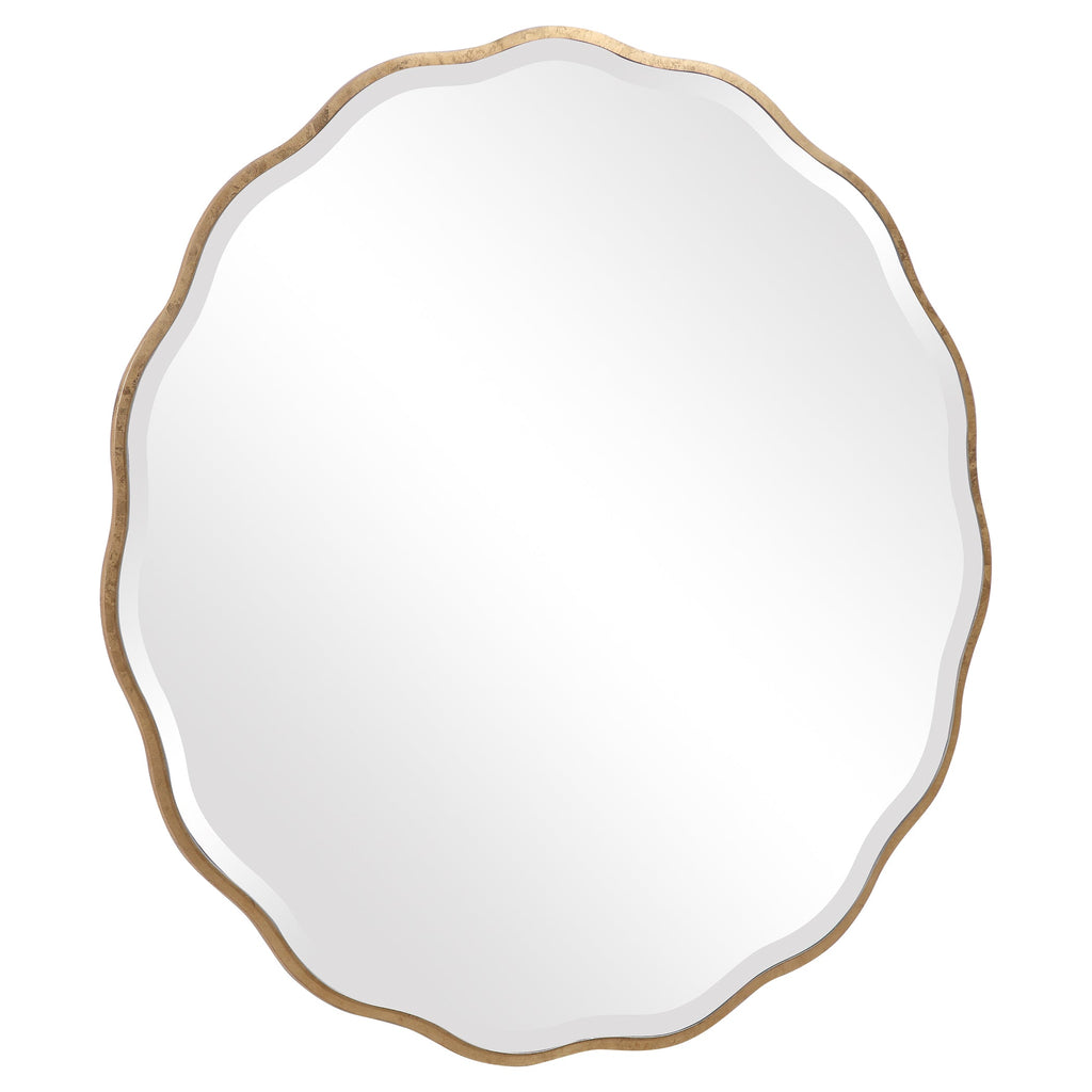 Scalloped Round Mirror – Aged Gold Wood Frame, 1¼" Bevel, 42"