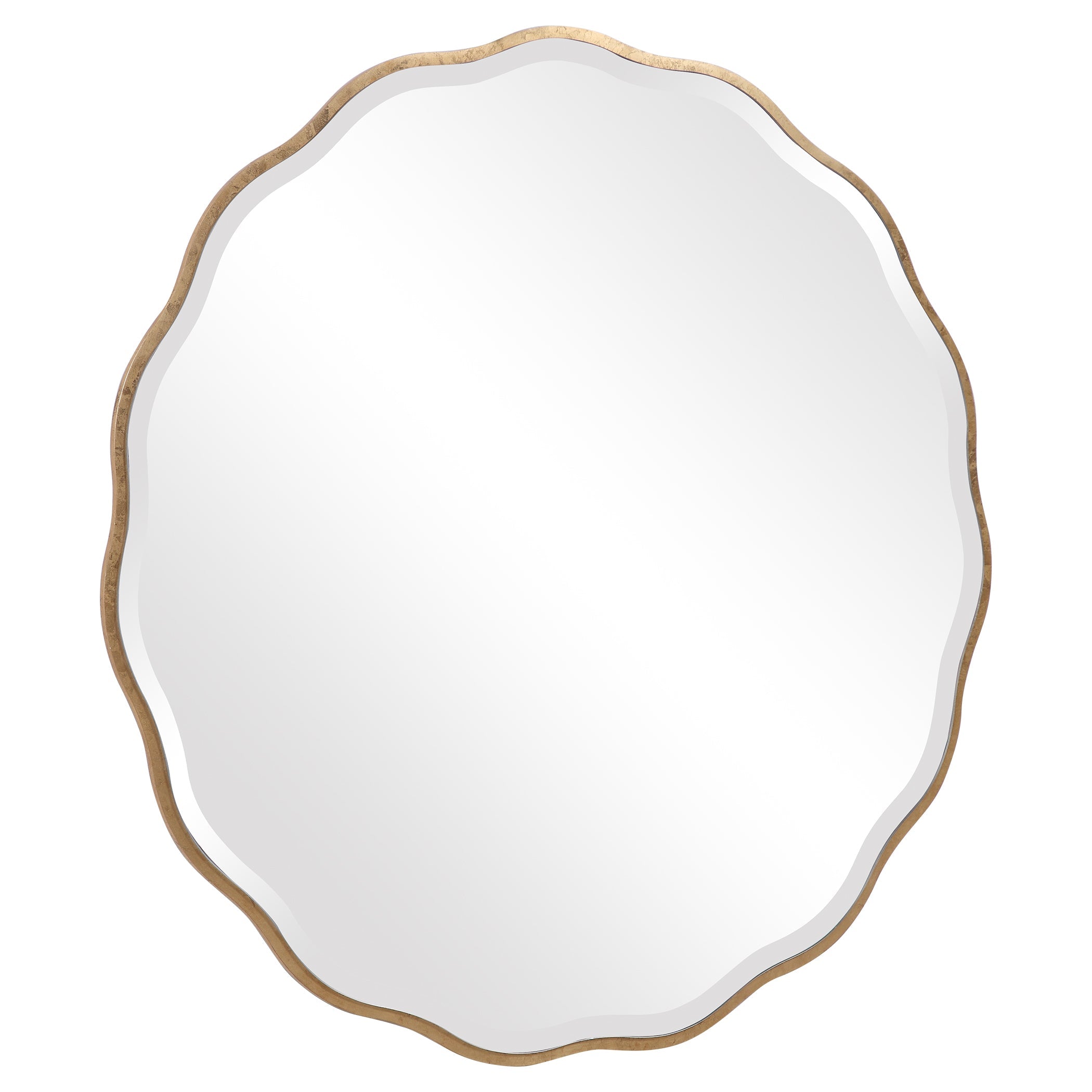 Scalloped Round Mirror – Aged Gold Wood Frame, 1¼" Bevel, 42"