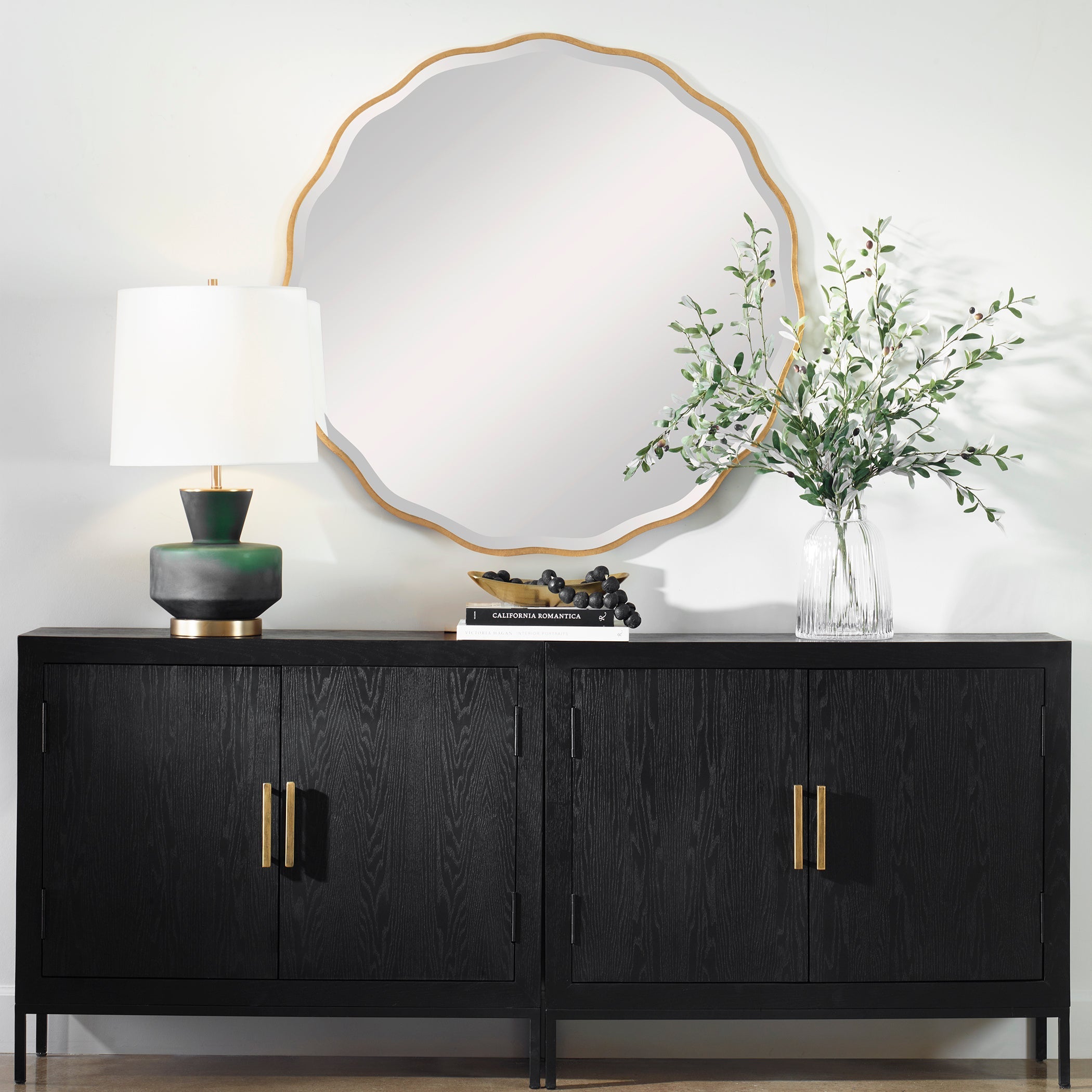 Aneta Aged Gold Scalloped Round Mirror – 42" Beveled Wood Frame