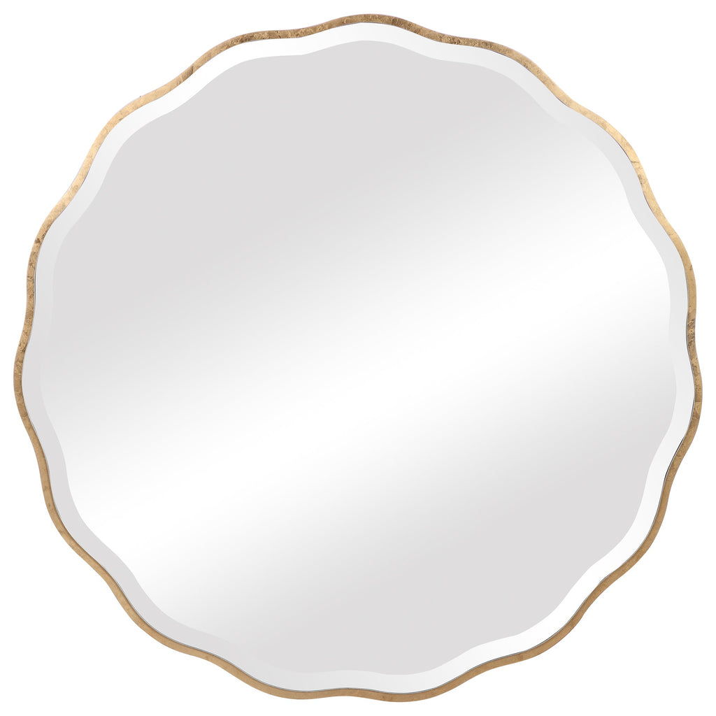 Scalloped Round Mirror – Aged Gold Wood Frame, 1¼" Bevel, 42"