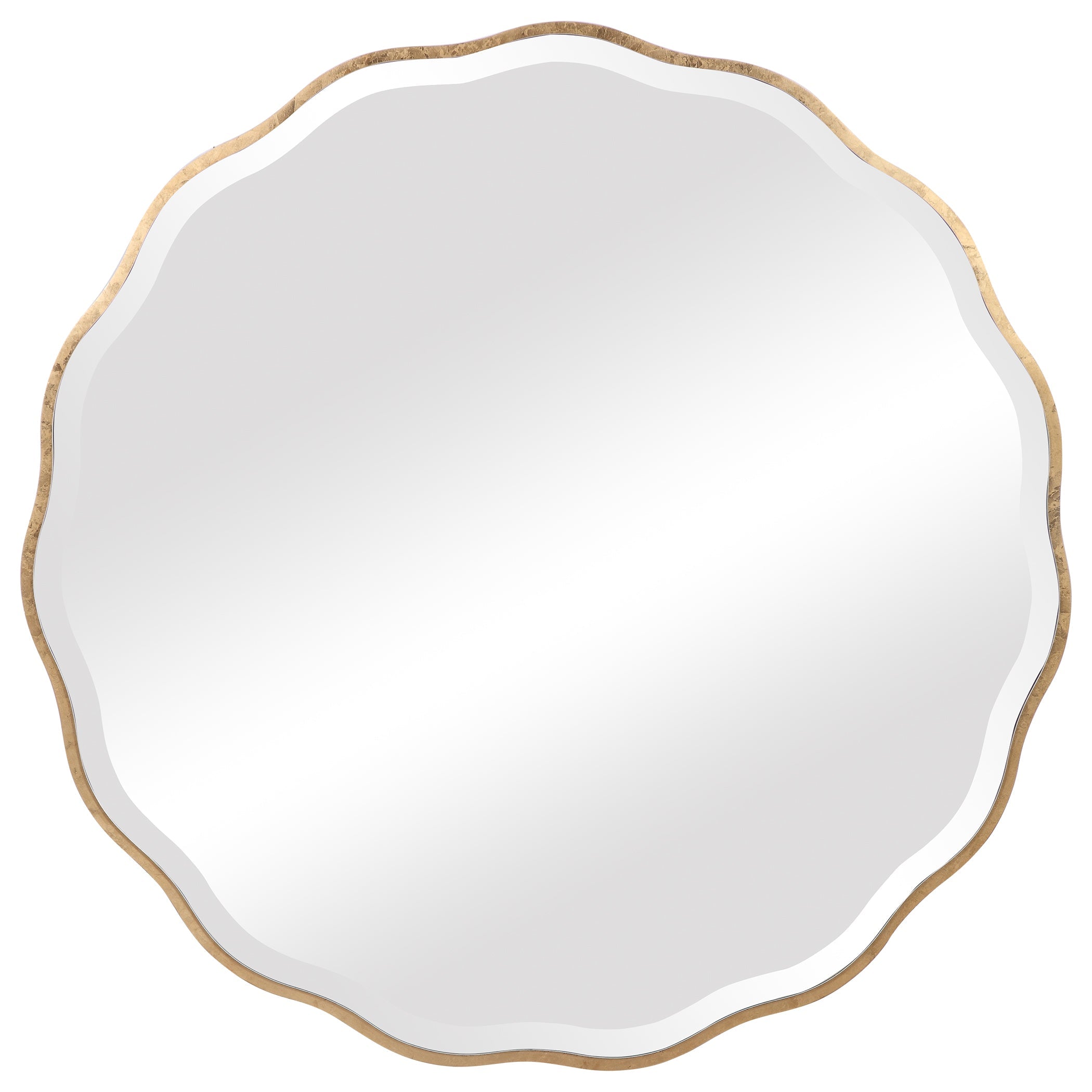 Aneta Aged Gold Scalloped Round Mirror – 42" Beveled Wood Frame