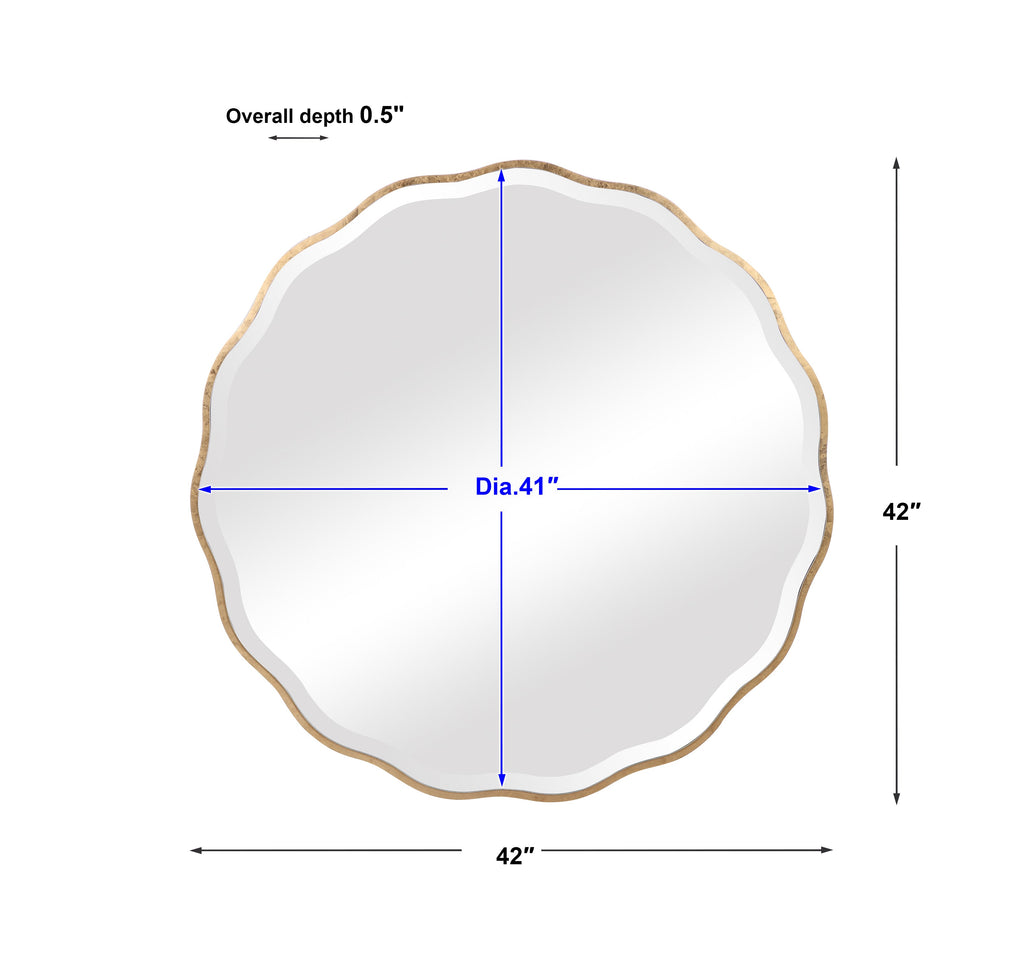 Scalloped Round Mirror – Aged Gold Wood Frame, 1¼" Bevel, 42"