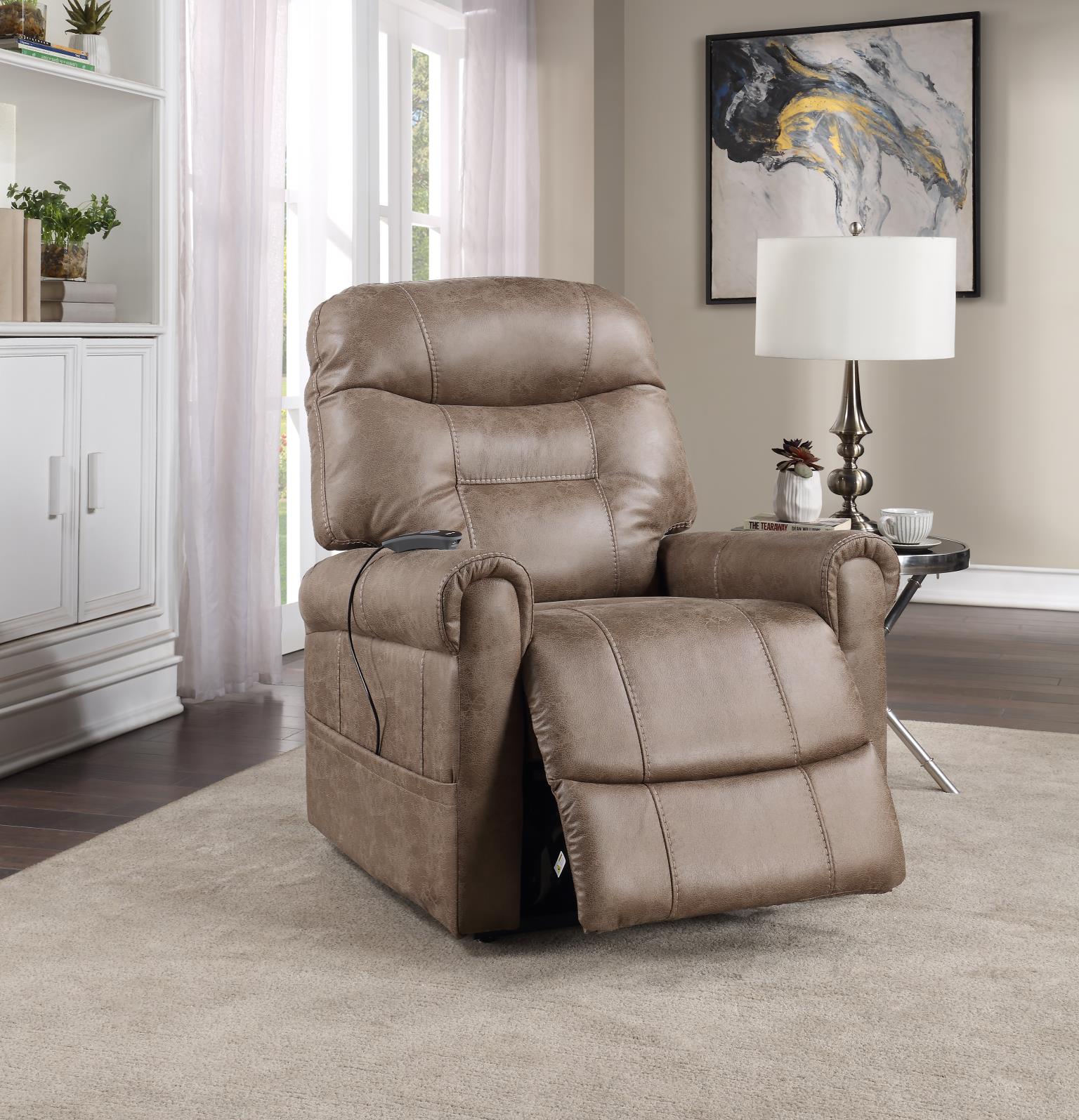 Power Lift Recliner with Heat & Massage – Camel Fabric, USB Charging